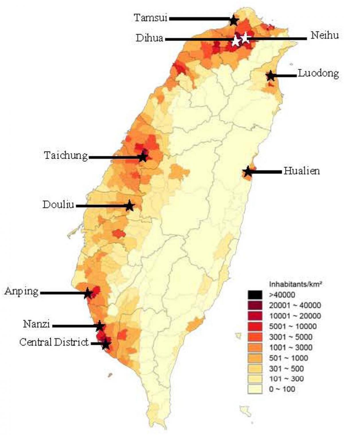 ತೈವಾನ್ ಜನಸಂಖ್ಯೆಯ ಸಾಂದ್ರತೆ ನಕ್ಷೆ